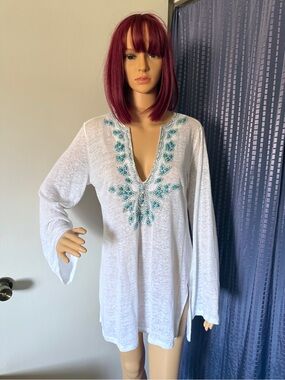 INC Beach White 100% Linen Tunic M Turquoise Beaded Boho 40” Bust